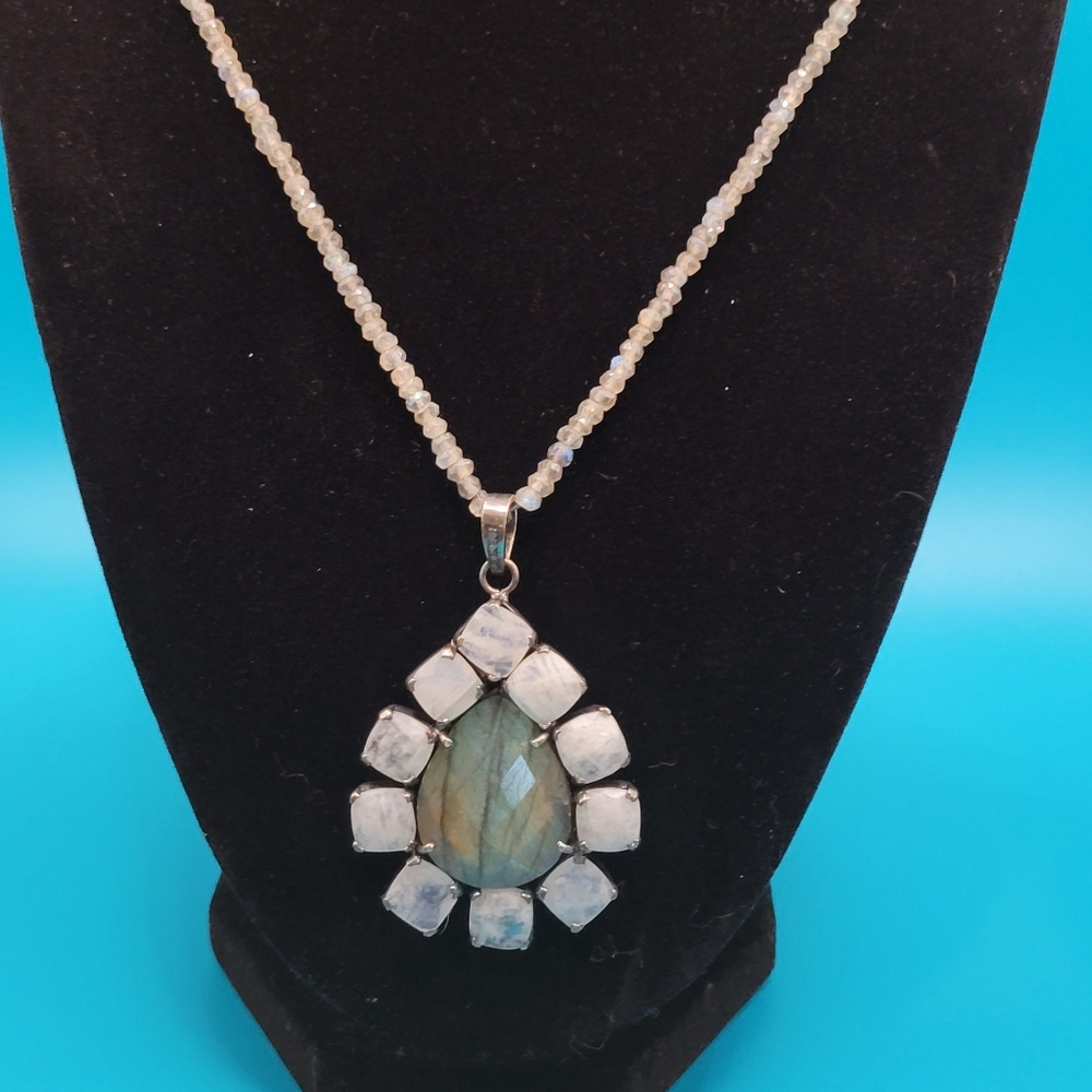 Estate Sale. White Quartz with Labordorite Center Pendant.   White Quartz Chain.